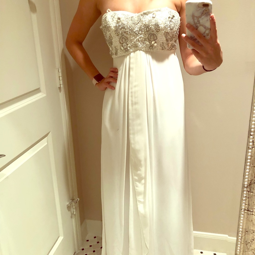 Floor length white strapless dress